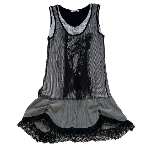 We…Love Mesh Abstract Print Dress Black and Gray Mesh Dress with Lace Trim - Picture 1 of 12